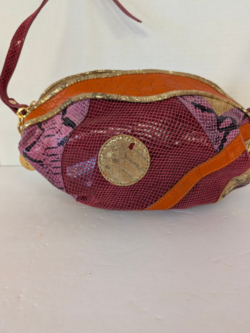 Sharif Bag Leather Crossbody Bag Natural Leather Pink and Orange Accents